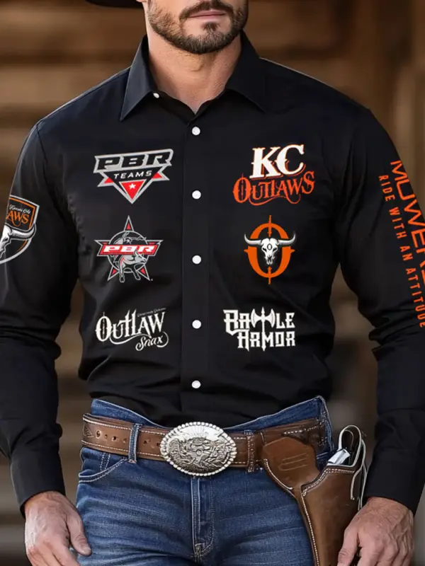 Men's Western Cowboy Outdoor PBR Teams Long Sleeved Black Shirts - Menwyx.com 