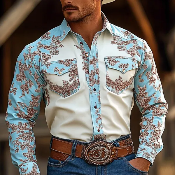 Retro Western Cowboy Men's Casual Long Sleeve Shirt - Mobivivi.com 