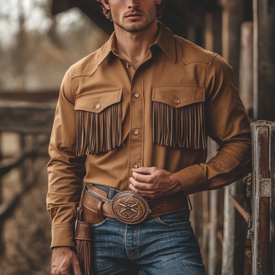 

Vintage Outdoor Men's Tassel Shirt Cowboy Tassel Long Sleeve Shirt