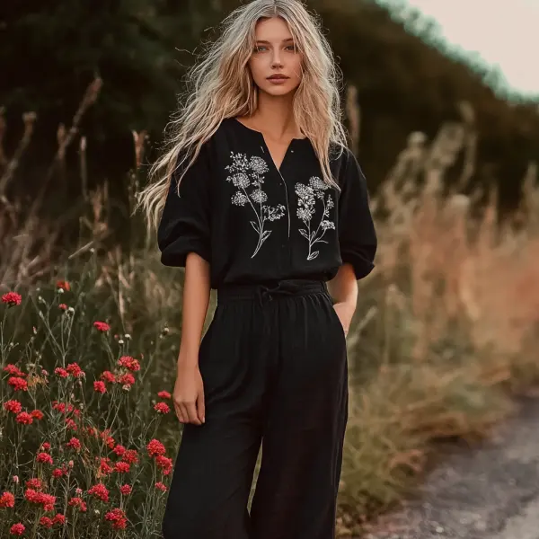 Women's Linen Two Piece Boho Trouser Set - Yiyistories.com 