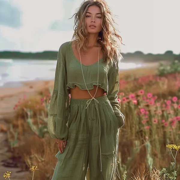 Women's Linen Two Piece Bohemian Casual Long Pants Set - Nicheten.com 