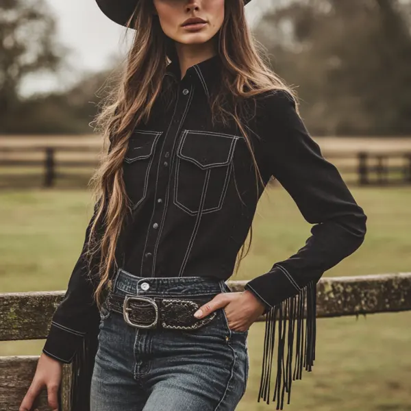 Retro Outdoor Women's Tassel Shirt Cowboy Tassel Long Sleeve Shirt - Trisunshine.com 