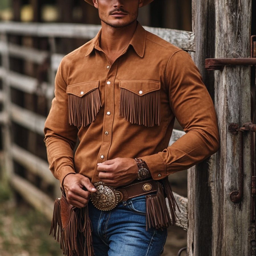 Vintage Outdoor Men's Tassel Shirt Denim Tassel Long Sleeve Shirt