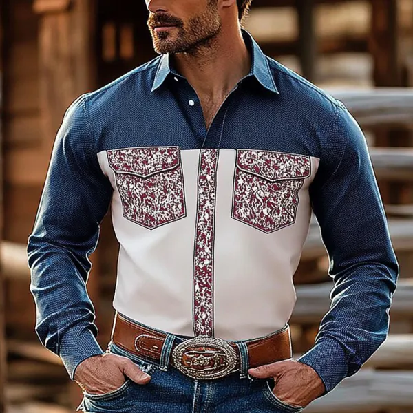 Retro Western Cowboy Men's Casual Long Sleeve Shirt - Mobivivi.com 