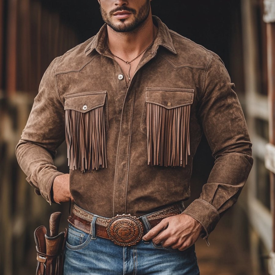 

Vintage Outdoor Men's Tassel Shirt Denim Tassel Long Sleeve Shirt