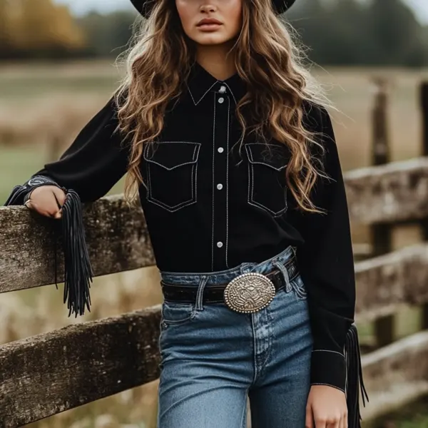 Retro Outdoor Women's Tassel Shirt Cowboy Tassel Long Sleeve Shirt - Nicheten.com 