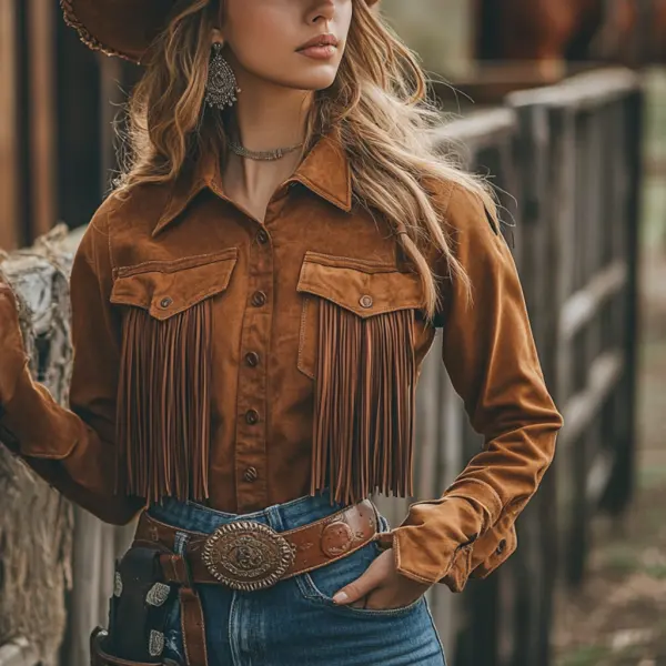 Retro Outdoor Women's Tassel Shirt Cowboy Tassel Long Sleeve Shirt - Nicheten.com 