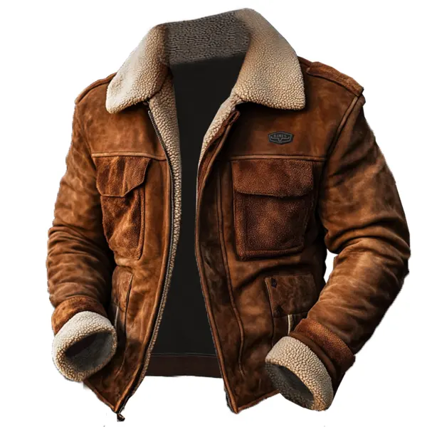 Men's Vintage Suede Patchwork Lamb Fleece Multi-Pocket Reverse Collar Outdoor Jacket - Dozenlive.com 