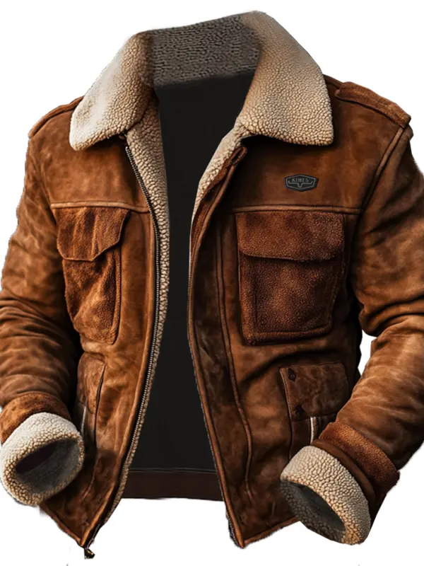 Men's Vintage Suede Patchwork Lamb Fleece Multi-Pocket Reverse Collar Outdoor Jacket - Menwyx.com 