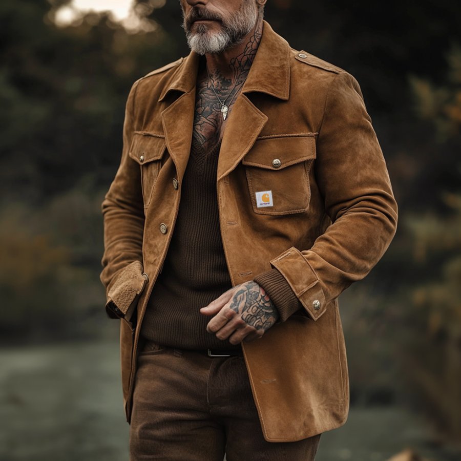 

Men's Vintage Suede Multi-Pocket Reverse Collar Outdoor Long Jacket