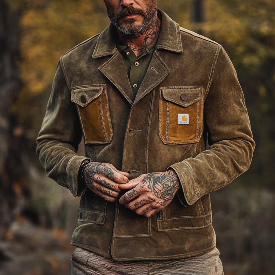 

Men's Vintage Suede Patchwork Multi-Pocket Reverse Collar Outdoor Jacket