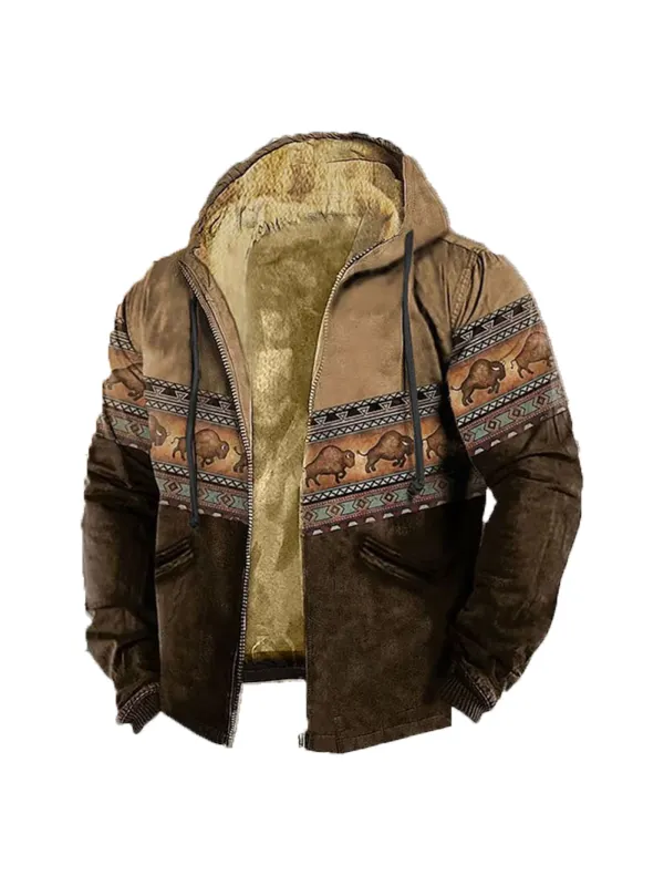 Men's Retro Western Contrast Pattern Print Zip-Up Jacket - Anrider.com 