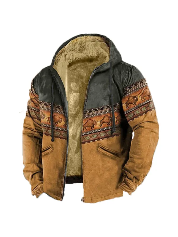 Men's Retro Western Contrast Pattern Print Zip-Up Jacket - Timetomy.com 