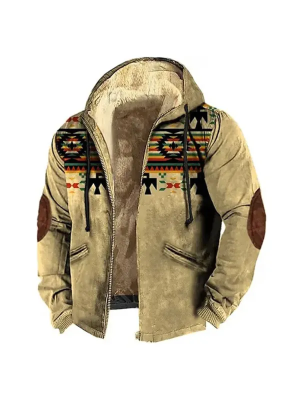 Men's Retro Western Contrast Pattern Print Zip-Up Jacket - Timetomy.com 