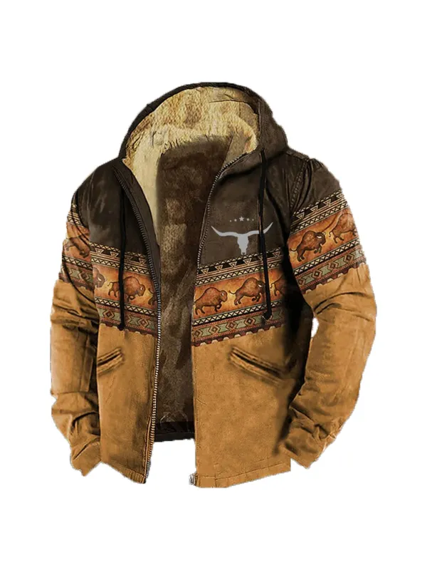 Men's Retro Western Contrast Pattern Print Zip-Up Jacket - Timetomy.com 