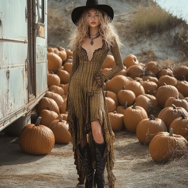 Vintage Halloween Denim Girls Plaid Long Sleeve Dress - Localziv.com 