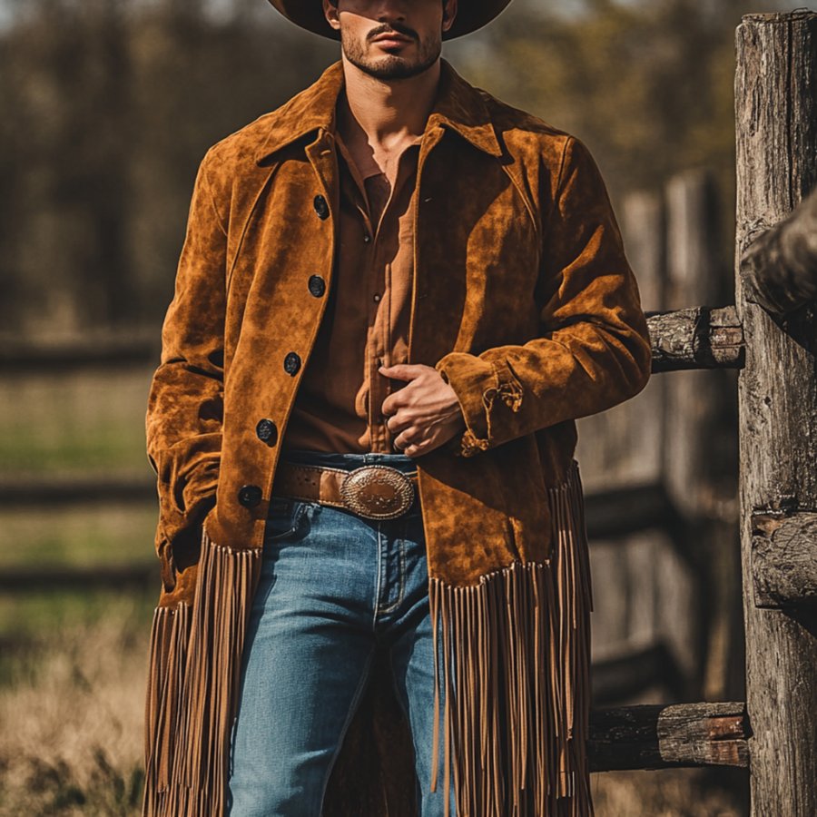 

Retro Outdoor Men's Tassel Top Western Denim Tassel Jacket Coat Mid-Length Coat