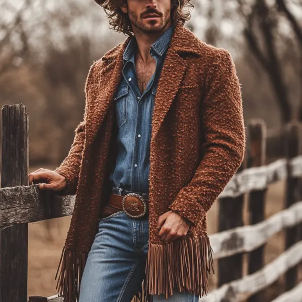 Retro Outdoor Men's Fringed Tops Western Denim Fringed Jackets Sherpa Jackets - Dozenlive.com 