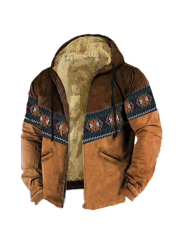 Men's Retro Western Contrast Pattern Print Zip-Up Jacket - Anrider.com 