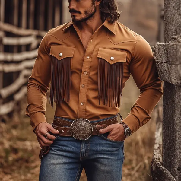 Vintage Outdoor Men's Tassel Shirt Denim Tassel Long Sleeve Shirt - Craftshock.com 