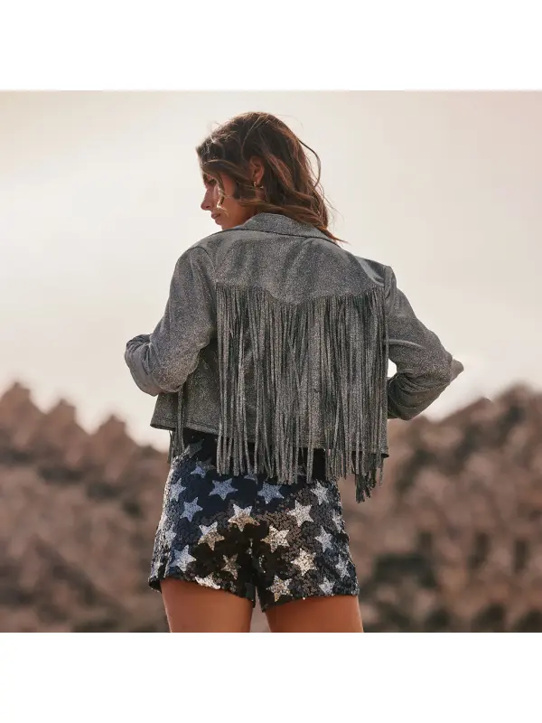 Retro Outdoor Women's Tassel Top Western Short Denim Tassel Jacket Jacket - Ootdmw.com 