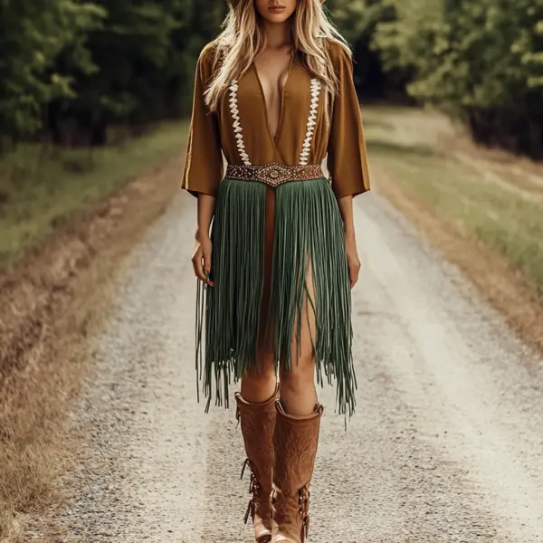 Retro Western Outdoor Women's Tassel Long Shirt Dress Cowboy Tassel Dress Short Skirt - Spiretime.com 
