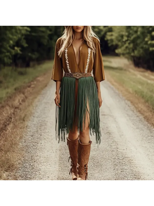 Retro Western Outdoor Women's Tassel Long Shirt Dress Cowboy Tassel Dress Short Skirt - Ootdmw.com 