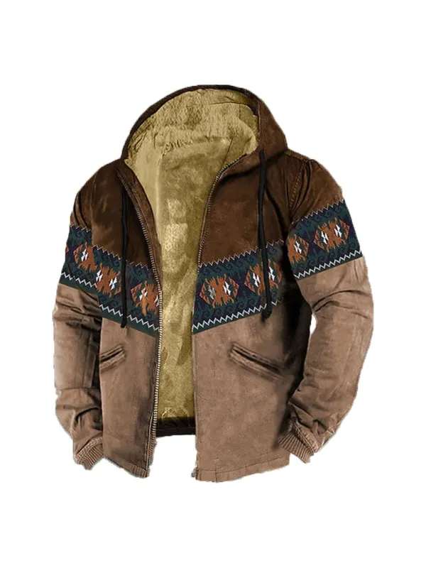 Men's Retro Western Contrast Pattern Print Zip-Up Jacket - Timetomy.com 