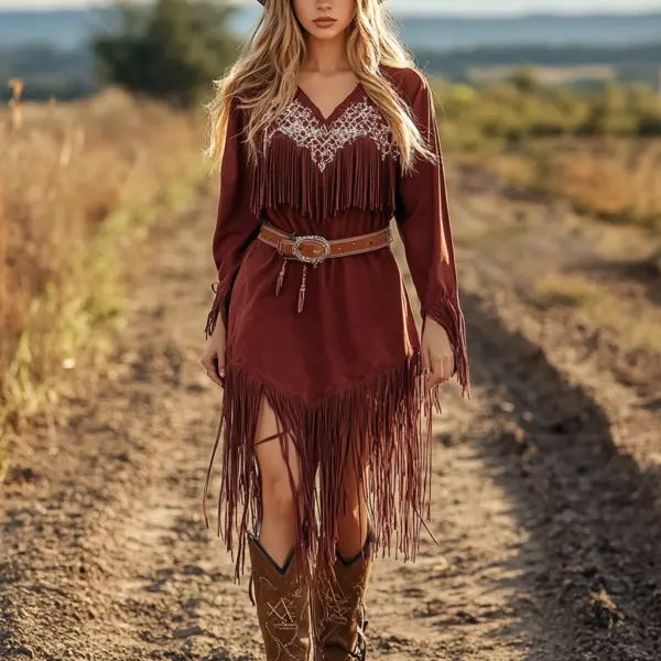 Retro Western Outdoor Women's Tassel Long Shirt Dress Cowboy Tassel Dress Short Skirt - Ootdyouth.com 