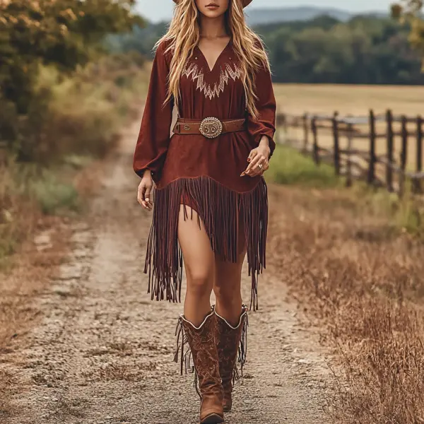 Retro Western Outdoor Women's Tassel Long Shirt Dress Cowboy Tassel Dress Short Skirt - Ootdyouth.com 