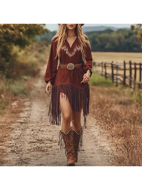 Retro Western Outdoor Women's Tassel Long Shirt Dress Cowboy Tassel Dress Short Skirt - Ootdmw.com 