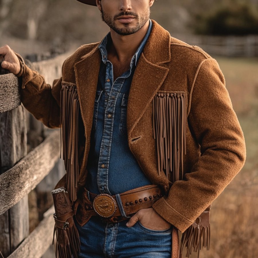 

Retro Outdoor Men's Tassel Top Western Denim Tassel Jacket Jacket