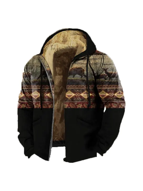 Men's Retro Western Contrast Pattern Print Zip-Up Jacket - Timetomy.com 