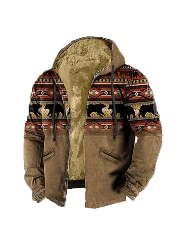 Men's Retro Western Contrast Pattern Print Zip-Up Jacket - Timetomy.com 