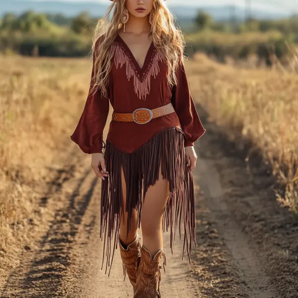 Retro Western Outdoor Women's Long Shirt Dress Cowboy Dress Short Skirt - Ootdyouth.com 