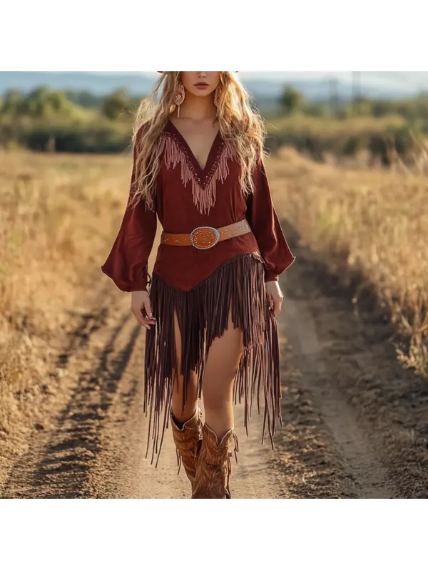 Retro Western Outdoor Women's Long Shirt Dress Cowboy Dress Short Skirt - Ootdmw.com 