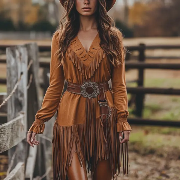 Retro Western Outdoor Women's Long Shirt Dress Cowboy Dress Short Skirt - Ootdyouth.com 