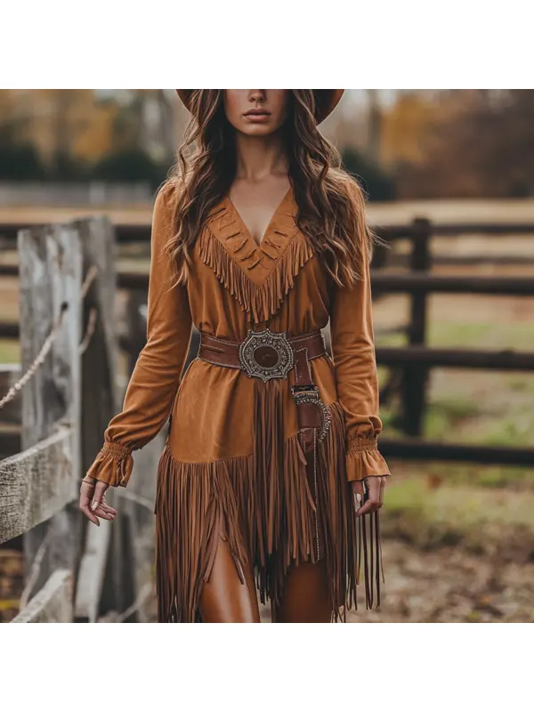Retro Western Outdoor Women's Long Shirt Dress Cowboy Dress Short Skirt - Ootdmw.com 