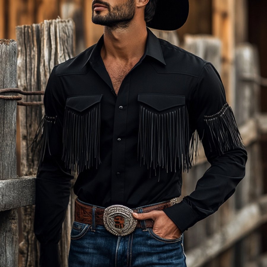

Vintage Outdoor Men's Tassel Shirt Denim Tassel Long Sleeve Shirt