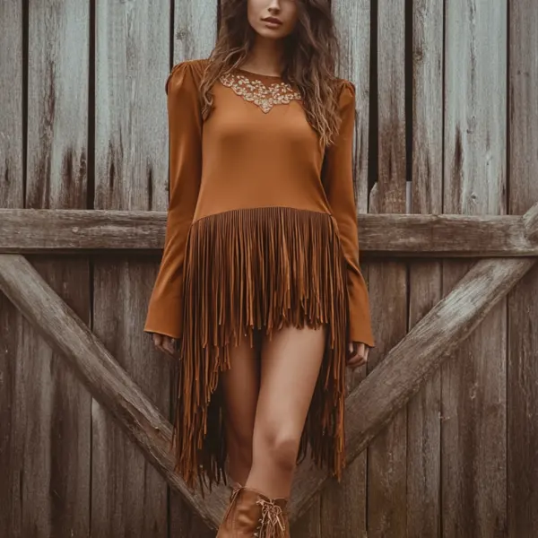 Retro Western Outdoor Women's Tassel Long Shirt Dress Cowboy Tassel Dress Short Skirt - Spiretime.com 