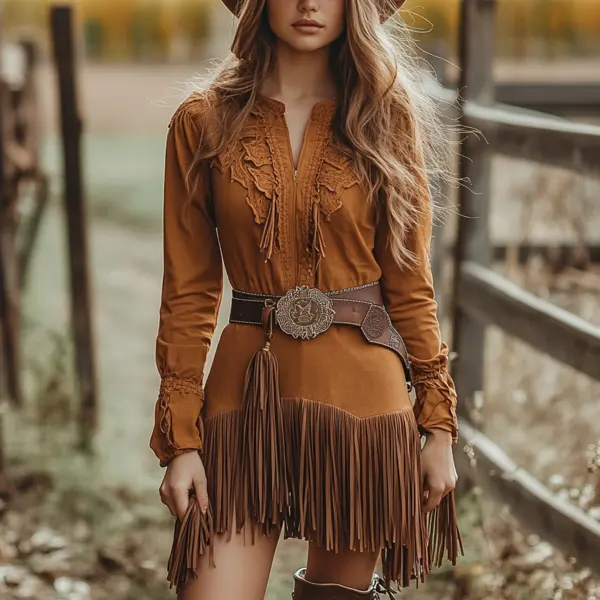 Retro Western Outdoor Women's Tassel Long Shirt Dress Cowboy Tassel Dress Short Skirt - Ootdyouth.com 