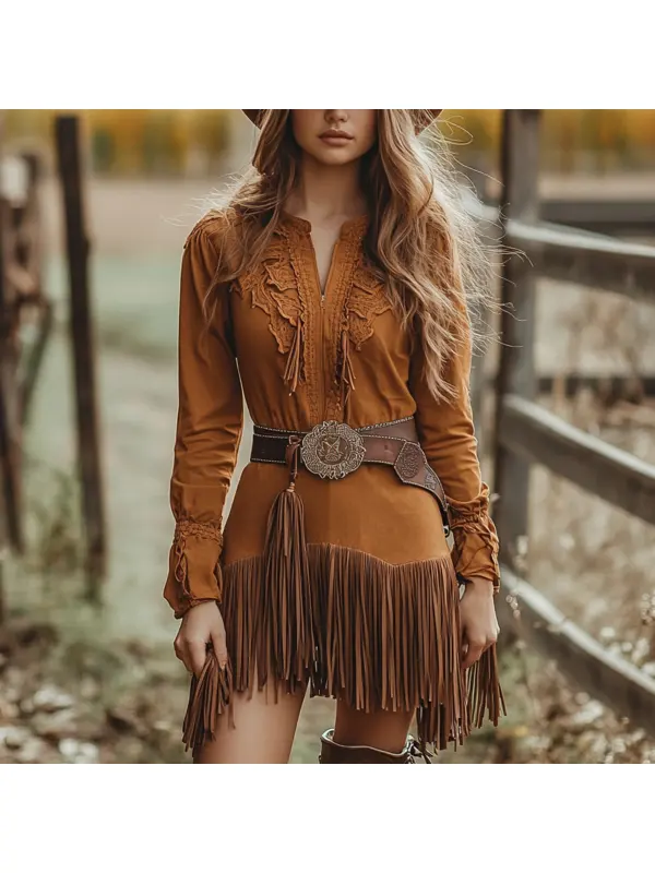 Retro Western Outdoor Women's Tassel Long Shirt Dress Cowboy Tassel Dress Short Skirt - Anrider.com 
