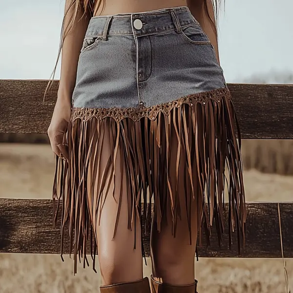 Retro Western Women's Tassel Skirt Sexy Tassel Cowboy Hip Skirt Punk Style Denim Skirt - Nicheten.com 