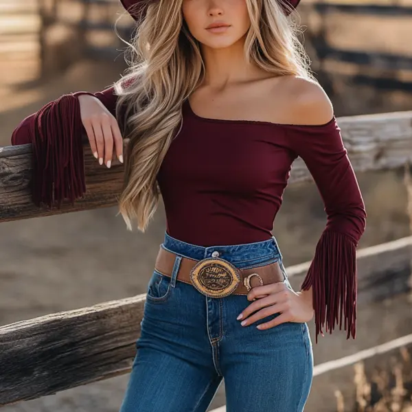 Retro Western Women's One Shoulder Tassel Long Sleeve T-Shirt Sexy Tassel Cropped Top - Anurvogel.com 