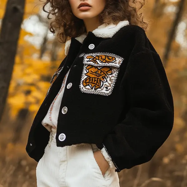 Outdoor Autumn And Winter Retro Ethnic Style Women's Casual Lapel Jacket Short Top - Dozenlive.com 