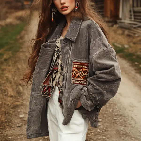 Outdoor Autumn And Winter Retro Ethnic Style Women's Casual Corduroy Lapel Jacket Top - Dozenlive.com 