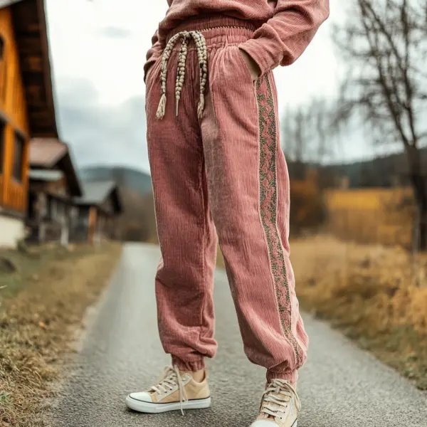 Women's Loose Corduroy Casual Trousers, Simple Ethnic Style Comfortable Elastic Waist Small Leg Trousers - Nicheten.com 