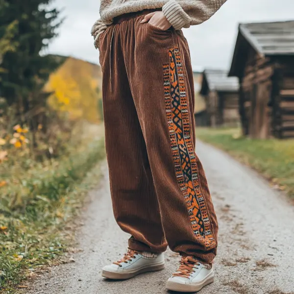 Women's Loose Corduroy Casual Trousers, Simple Ethnic Style Comfortable Elastic Waist Small Leg Trousers - Yiyistories.com 