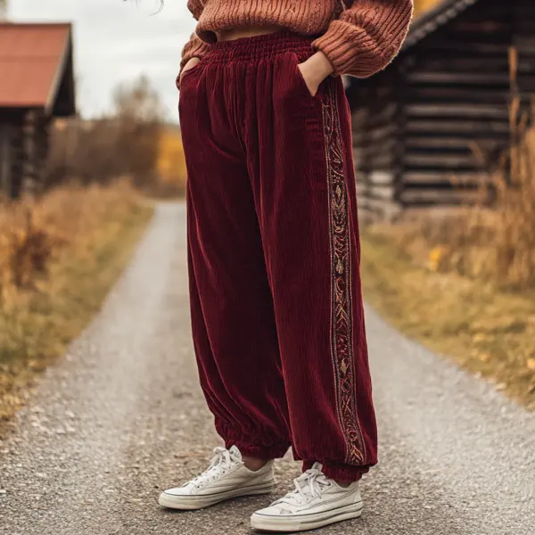 Women's Loose Corduroy Casual Trousers, Simple Ethnic Style Comfortable Elastic Waist Small Leg Trousers - Anurvogel.com 