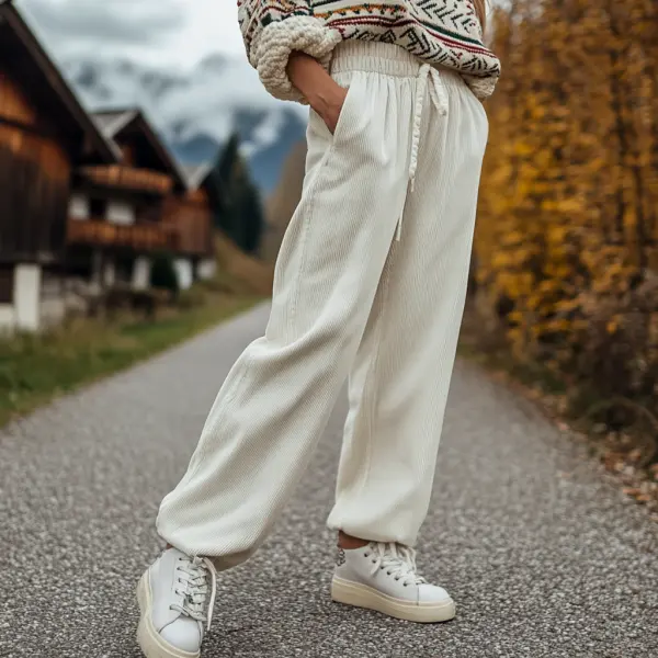 Women's Loose Corduroy Casual Trousers, Simple And Comfortable Elastic Waist Small Leg Trousers - Anurvogel.com 